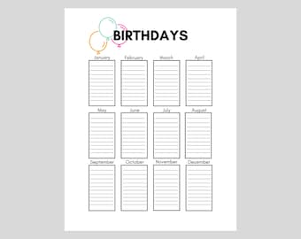 Printable Birthday Calendar, Birthday Tracker, Birthday Reminder.