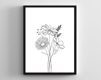 Black and White Botanical Wall Art, Digital Download, Modern Printable, Floral Room Decor, Line Art Print, Modern Printable Wall Art.