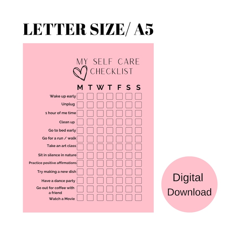 Daily Printable Self Care Checklist, in Pink, Self Care Check List