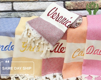 Personalized Turkish Beach Towel, Embroidered Bridesmaid Gift