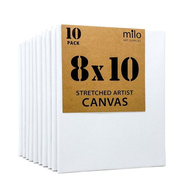 MILO | 8 x 10" Pre Stretched Artist Canvas Value Pack of 10 | Primed Cotton Canvas for Painting | 5/8" Profile Gallery Wrapped Back Stapled