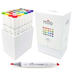 MILO 24 Art Marker Set Dual Tip Artist Markers | Brush Tip and Chisel Tip | Alcohol Based Coloring Markers | Includes Marker Storage Box