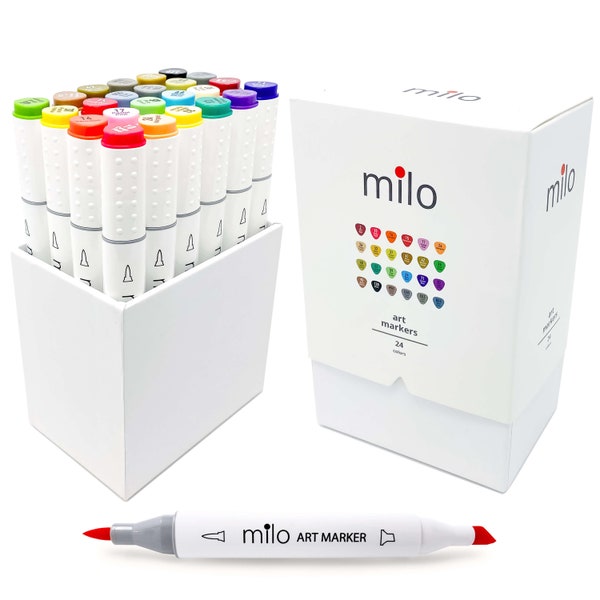 MILO 24 Art Marker Set Dual Tip Artist Markers | Brush Tip and Chisel Tip | Alcohol Based Coloring Markers | Includes Marker Storage Box