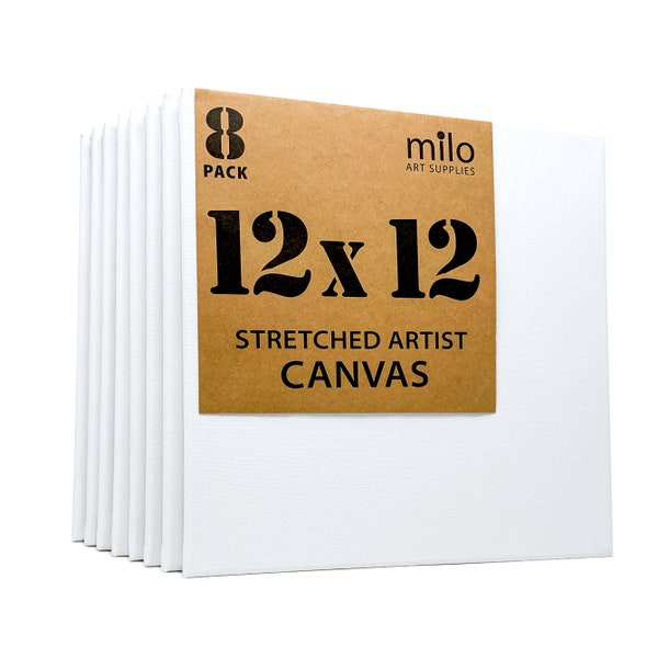 MILO | 12 x 12" Pre Stretched Artist Canvas Value Pack of 8 | Primed Cotton Canvas for Painting | Gallery Wrapped Back Stapled