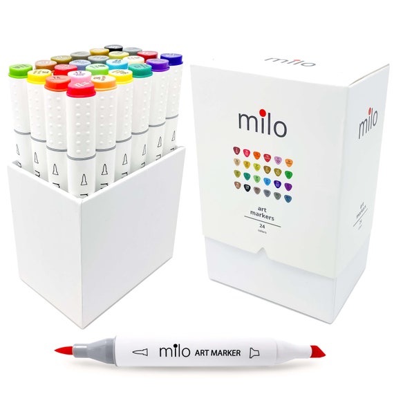 MILO 24 Art Marker Set Dual Tip Artist Markers Brush Tip and Chisel Tip  Alcohol Based Coloring Markers Includes Marker Storage Box 