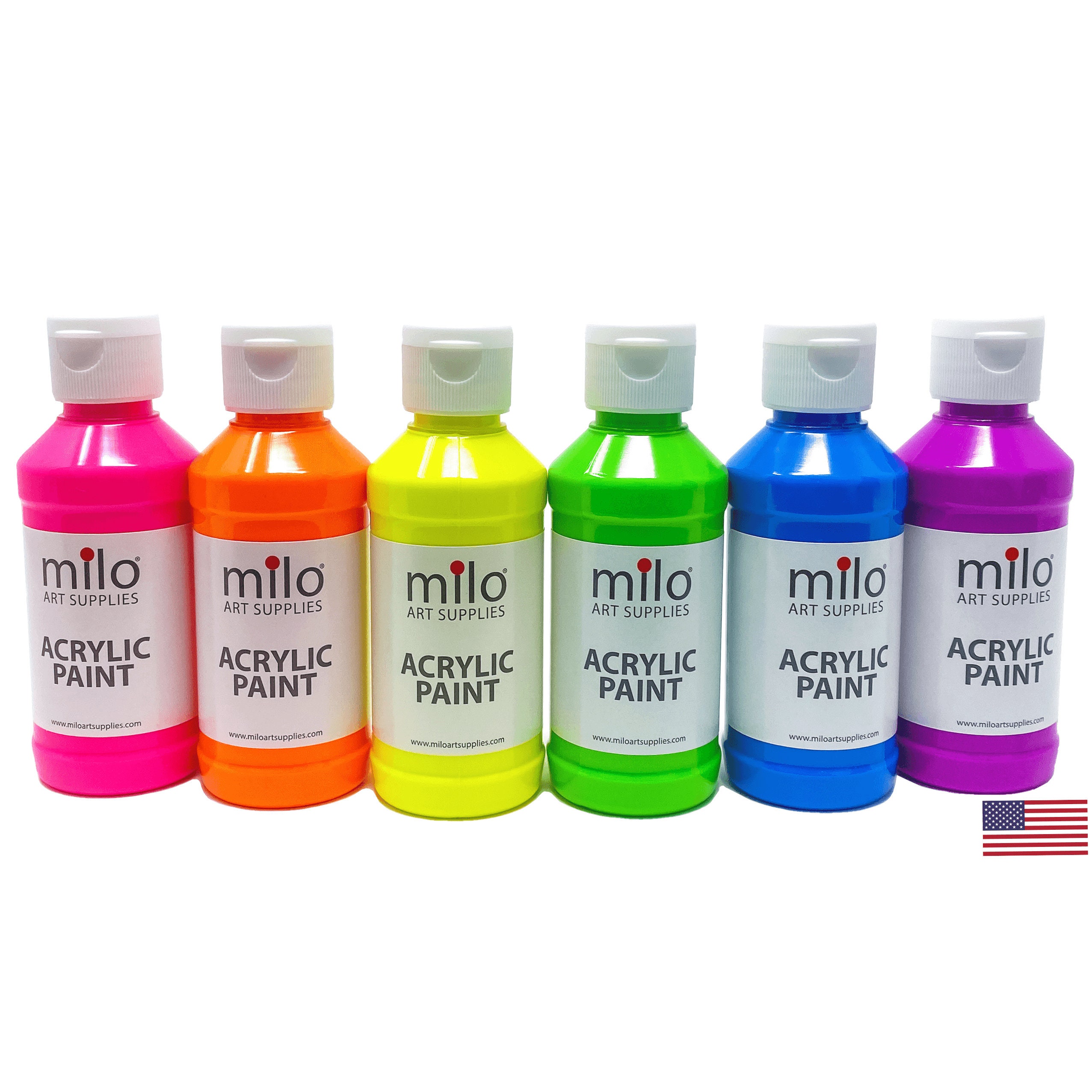 Milo Fluorescent Acrylic Paint Set of 6 Colors 4 Oz Bottles Made