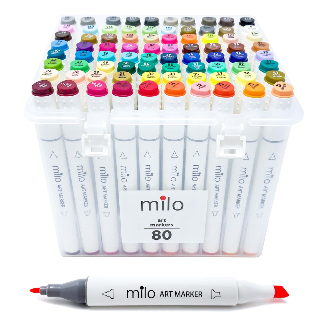 Milo 24 Art Marker Set Dual Tip Artist Markers | Brush Tip and Chisel Tip | Alcohol Based Coloring Markers | Includes Marker Storage Box