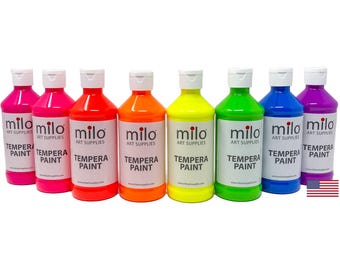 Milo Fluorescent Washable Tempera Paint 8 oz Bottles Set of 8