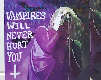 May include: Purple art print featuring a stylized illustration of a person singing into a microphone. The text "VAMPIRES WILL NEVER HURT YOU" is in white, with a cross symbol. Bats are silhouetted in the background.