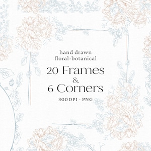 Hand-Drawn Floral Frame Clipart: Blue Botanical Borders (PNG Digital Download)