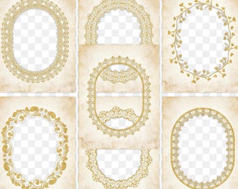 Vintage Digital Oval Frames – 7 Old Paper Style Frames, 8.5x11 Transparent PNGs, Printable & Digital Scrapbooking Digital Download