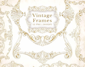 Vintage Gold Baroque Frames Clipart, Ornate Wedding Invitation Borders (Digital Download)
