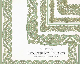 Green Frame Clipart Border Vintage Shabby-Chic Ornate Borders PNG for Invitations & Certificates 8.5x11 Digital Frames PNG Commercial Use F1