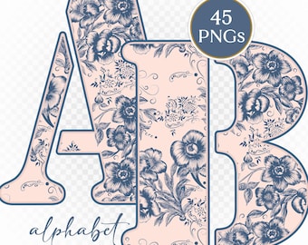 Blush Pink Toile Alphabet PNG: Vintage Floral Monogram (Digital Download)