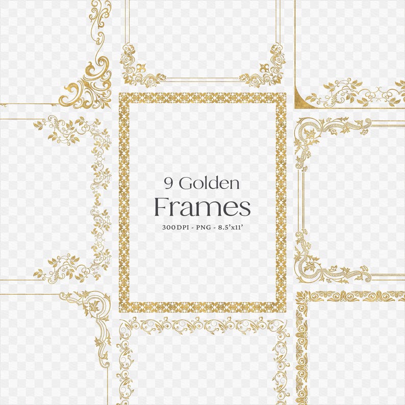 Elegant Gold Frames Clipart Ornamental Frames PNG Wedding Graphics