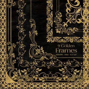 Puede incluir: Nueve marcos dorados ornamentados sobre un fondo negro. Los marcos son de varios tama&ntilde;os y formas, con intrincados dise&ntilde;os florales. El texto "9 Golden Frames 300DPI - PNG - 8.5"x11"" est&aacute; en la parte inferior de la imagen.