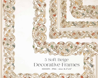Ornate Beige Frame Clipart: Vintage Borders PNG, Commercial Use (8.5x11, Digital Download)