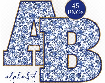 Blue Floral Chinoiserie Alphabet: Gold Outline PNG Clipart (Digital Download