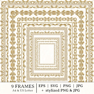 May include: Nine gold ornate frames of different sizes are arranged in a nested pattern on a white background. The frames feature detailed scrollwork and floral designs. Text at the bottom reads "9 FRAMES | EPS | SVG | PNG | JPG".