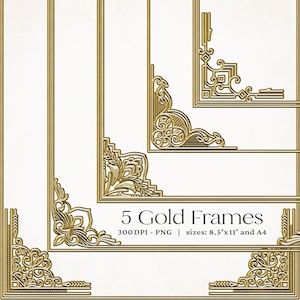 Elegante Goldrahmen-Kollektion, verzierte digitale PNG-Bordüren für Urkunden, Einladungen & Auszeichnungen, Goldrahmen Clipart A4 8.5x11 gewerblich F1