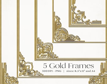Ornate Gold Frame Clipart: Elegant PNG Borders for Invitations (A4 & 8.5x11) (Digital Download