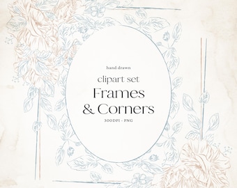 Hand-Drawn Floral Frame Clipart: Blue Botanical Borders (PNG Digital Download)