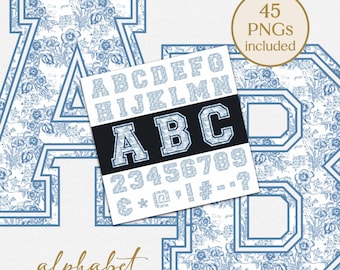 Blue Toile Alphabet PNG: Varsity Font, Botanical Letters (Digital Download
