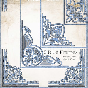 Conjunto de 5 imágenes prediseñadas de marcos ornamentados azules con bordes de inspiración vintage PNG Diseños elegantes de certificados e invitaciones Tamaño carta de EE. UU., Descarga comercial F1