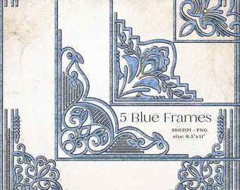 Blue Ornate Frame Clipart Set 5 Vintage-Inspired Borders PNG Elegant Certificate & Invitation Designs US Letter Size, Download Commercial F1