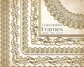 Lace-Like Gold Frames: Vintage Ornamental Borders, Wedding Clipart (PNG Digital Download)