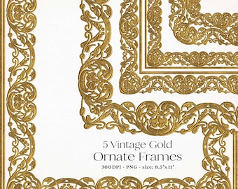 Vintage Gold Ornament Frame Clipart: Elegant Invitation Borders (PNG, 8.5x11, Commercial Use)