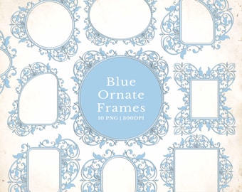 Blue Ornate Frame PNG Bundle, Vintage Baroque Scroll Frames, Wedding Invitation Borders (Digital Download)
