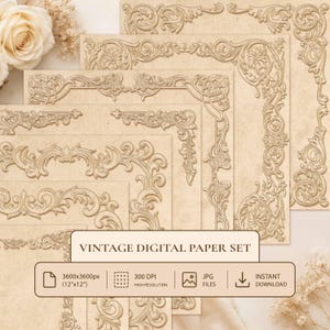 Juego de papeles digitales vintage, 7 papeles pergaminos ornamentados, marcos florales victorianos, papel imprimible de 12x12 (descarga digital)