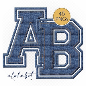 May include: Blue denim-textured letters "A" and "B" with white outlines and gold stitching. A gold circle with the text "45 PNGs" is in the upper right corner. The word "alphabet" is written in cursive at the bottom.