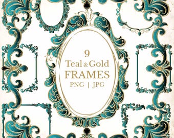 Teal and Gold Baroque Frames PNG Set, Luxury Ornate Oval & Square Frames, Rococo Decorative Borders for Wedding Invitation Digital Download