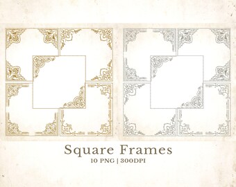 Gold and Silver Square Frame PNG, Art Deco Corner Borders, Elegant Wedding Invitation Frames, 10x10 Inch 300 DPI, Digital Download