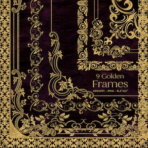 Puede incluir: Nueve marcos dorados ornamentados sobre un fondo morado oscuro. Los marcos son de varios estilos y tama&ntilde;os, con intrincados dise&ntilde;os florales. El texto "9 Golden Frames 300DPI - PNG - 8.5"x11"" est&aacute; en la parte inferior de la imagen.