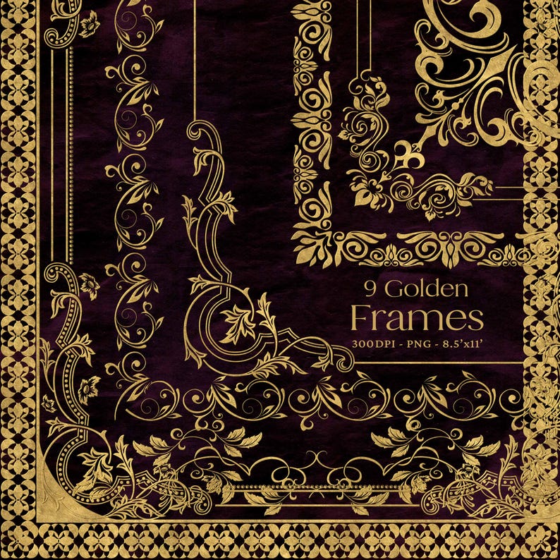 Puede incluir: Nueve marcos dorados ornamentados sobre un fondo morado oscuro. Los marcos son de varios estilos y tama&ntilde;os, con intrincados dise&ntilde;os florales. El texto "9 Golden Frames 300DPI - PNG - 8.5"x11"" est&aacute; en la parte inferior de la imagen.