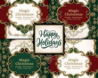 Magic Christmas Clipart Bundle: Vintage Frames, Labels, Backgrounds (Digital Download)