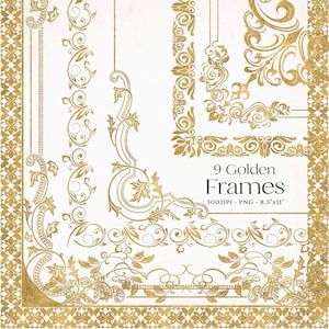 Elegante Goldrahmen Clipart Zierrahmen PNG Hochzeit Grafiken Clipart Verzierter Rahmen Dekorative Zertifikat Grenzen 8,5 x 11 Kommerziell F1
