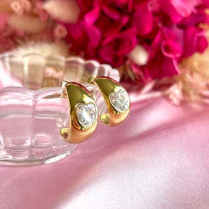 Gold-filled zircon heart earrings – Chic women&#39;s jewelry, stainless steel, romantic gift idea, minimalist style