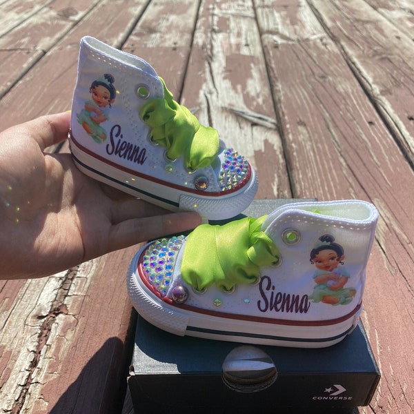 Baby Princess tiana bling shoes, princess and the frog converse shoes, princess tiana rhinestones shoes, for outfit, princess tiana bling