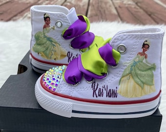 Princess tiana bling shoes, princess and the frog Sneakers shoes, princess tiana rhinestones shoes, birthday outfit, princess tiana bling