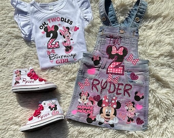 Conjunto de cumpleaños de Minnie Mouse con falda vaquera y peto, zapatillas Converse de Minnie Mouse, atuendo de cumpleaños, vestido vaquero con peto, Minnie rosa