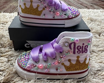 Princess bling shoes, princess crown converse bling lilac and gold shoes, princess rhinestone shoes, converse shoes, princess outfit