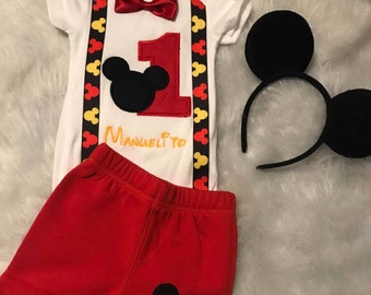 Mickey Mouse First Birthday Outfit, Boys Shirt, Shorts, Ears