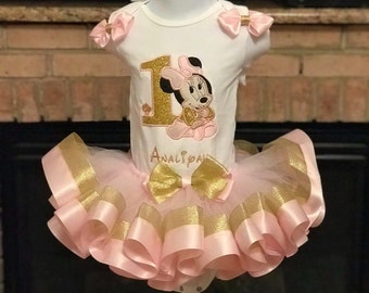Personalized Minnie Mouse 1st Birthday Outfit, Pink & Gold Tutu Set