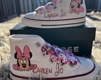 Baby Minnie Mouse Converse shoes, baby Minnie  Mouse first birthday outfit/ Minnie Mouse custom shoes, Minnie Mouse pink shoes