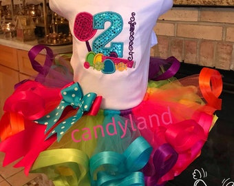 Candyland tutu set. Candyland birthday outfit. Birthday shirt. Lollipop tutu set. Rainbow tutu set. Two sweet tutu set, candy land tutu set