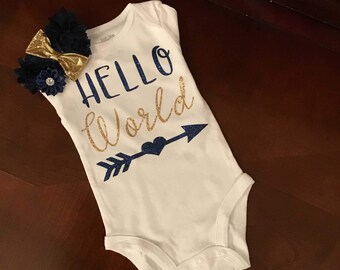 Tenue Bébé Fille Rentrée à La Maison Hello World - Couleur Or - Tutu Comme Neuve Sans étiquettes - Cadeau Douche